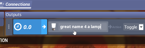 Example of the connections view. The name field of the lamp is selected, and it has been renamed to great name for a lamp