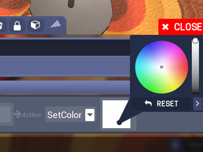A view of the area where you can select properties for the action. As it's the property of a SetColor action, a color picker has been opened in the interface.