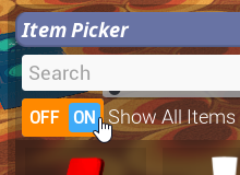 Showing where to toggle Show All Items in the Item Picker interface.
